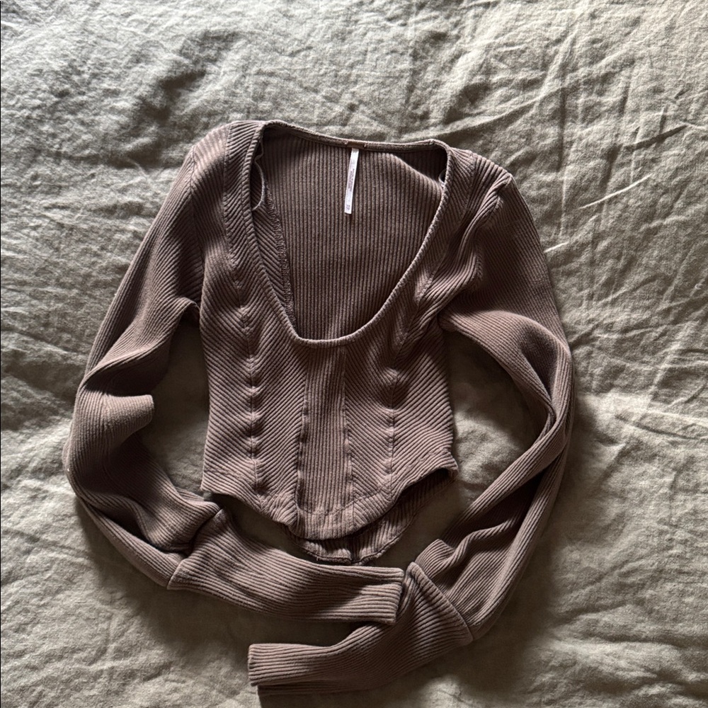 Free People Long Sleeve Ribbed Corset Top - Mauve Taupe